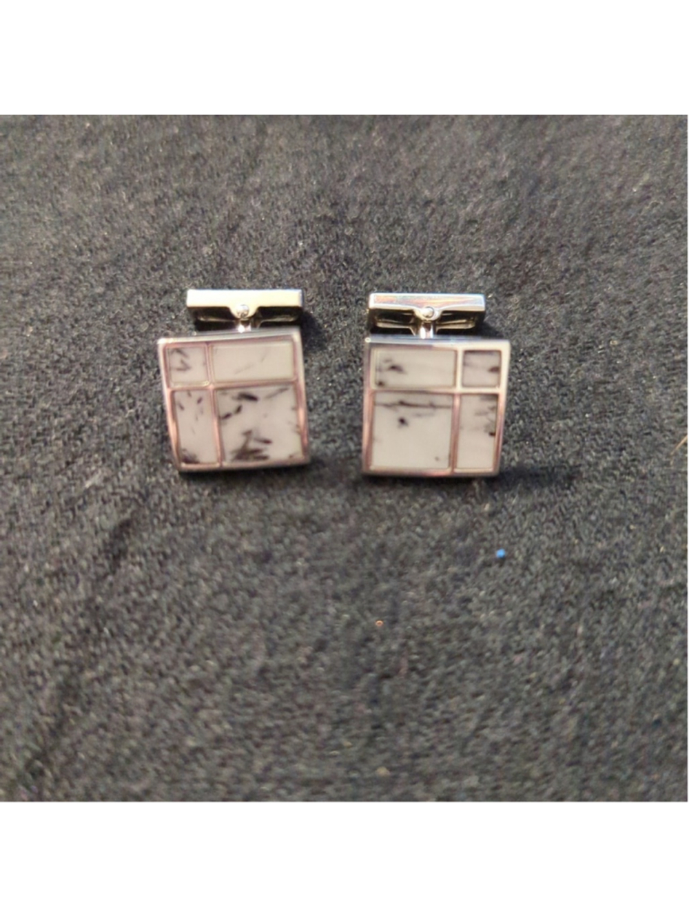 Kenneth Cole Silver Tone White Black Marbled Window Pane Geometric Cuff Links